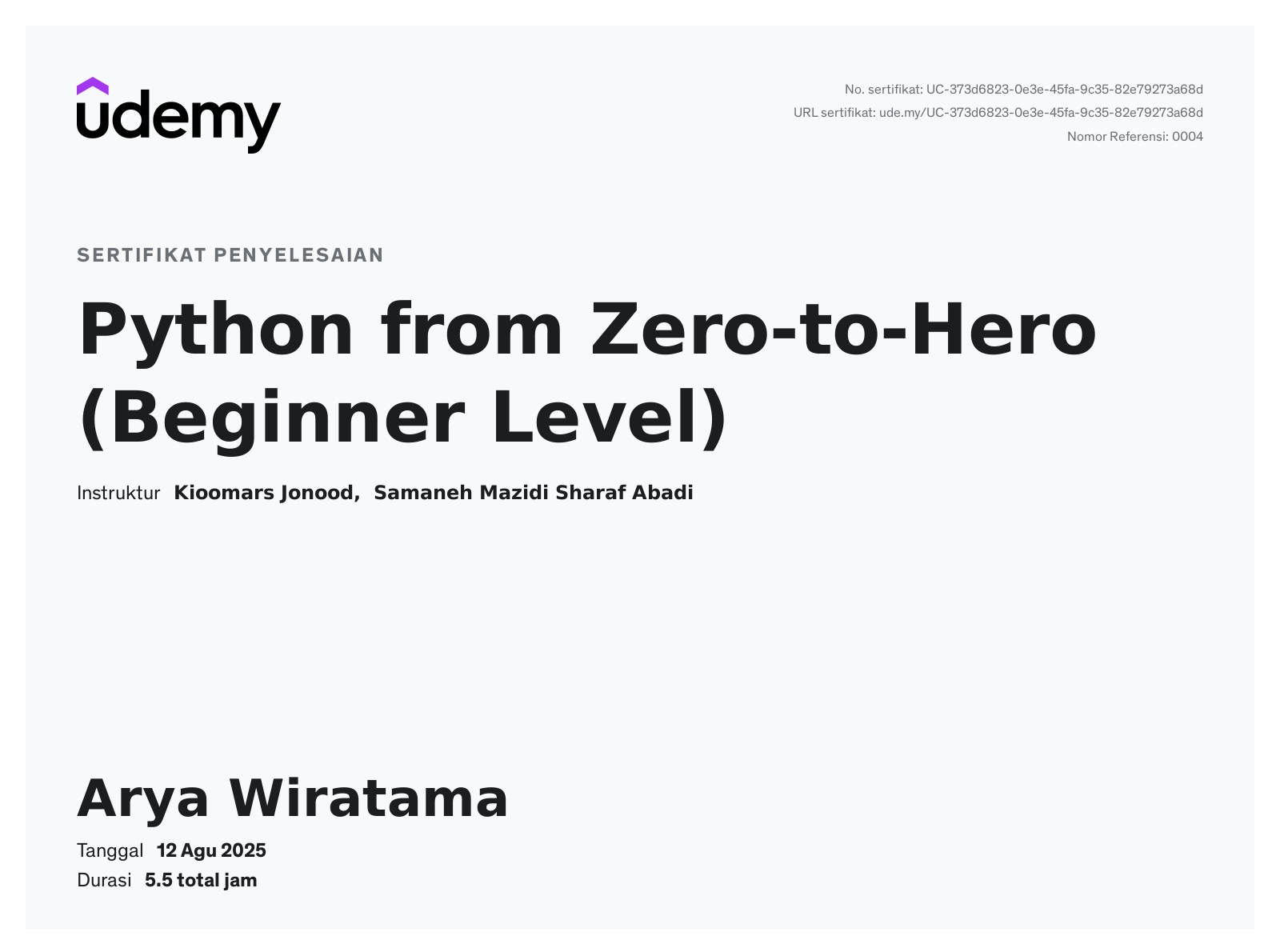 Python from Zero to Hero Certificate