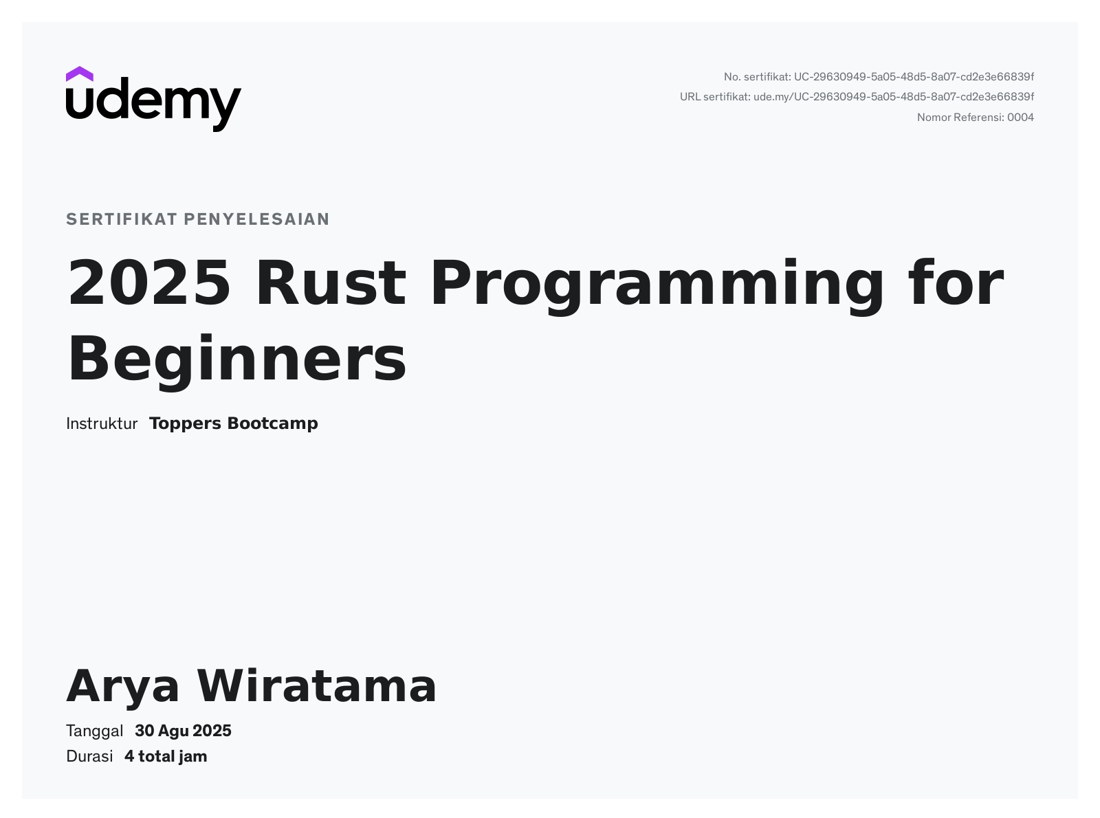Rust Programming Beginners Udemy Certificate
